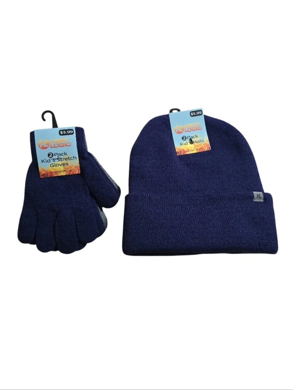 #hL01 Kids Winter Hat and Glove Set - Navy and Gray 2 Pairs.